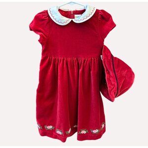 Vintage 2000 Gymboree Red Velvet Floral Dress 24M Peter Pan Collar Headband Hat